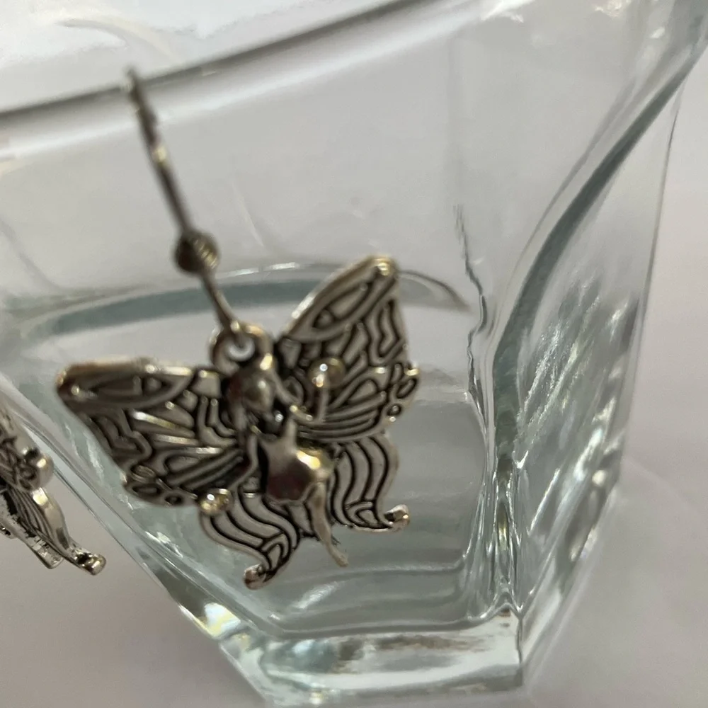 Hand Crafted Earrings Butterfly Faery Charm Antique Silver Fairy Faerie Dangle